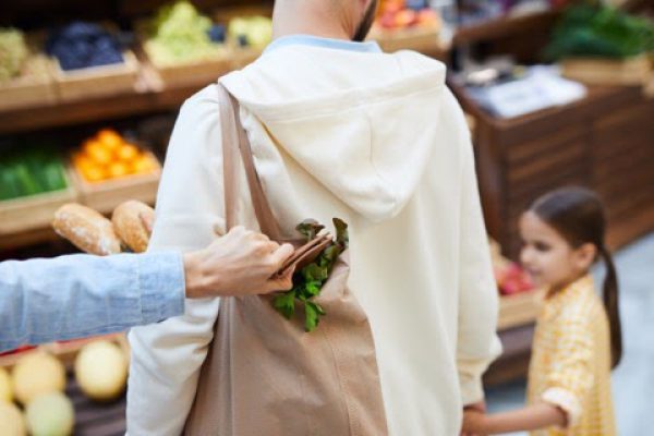 thief-getting-purse-out-of-shopping-bag-B49H3CP Woman at the marketplace with daughter while her wallet is getting stolen.
